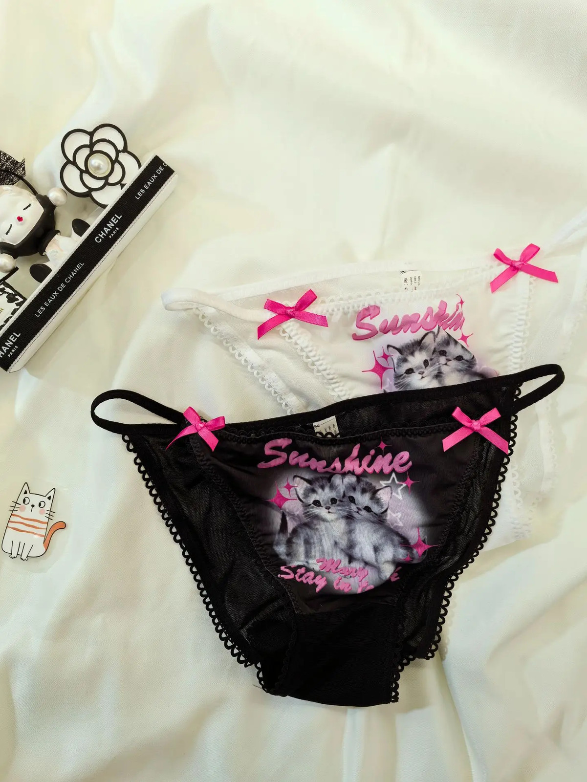 Cat Print Brief Panties Bow Low Rise Mesh Breathable Cotton Underwear Women