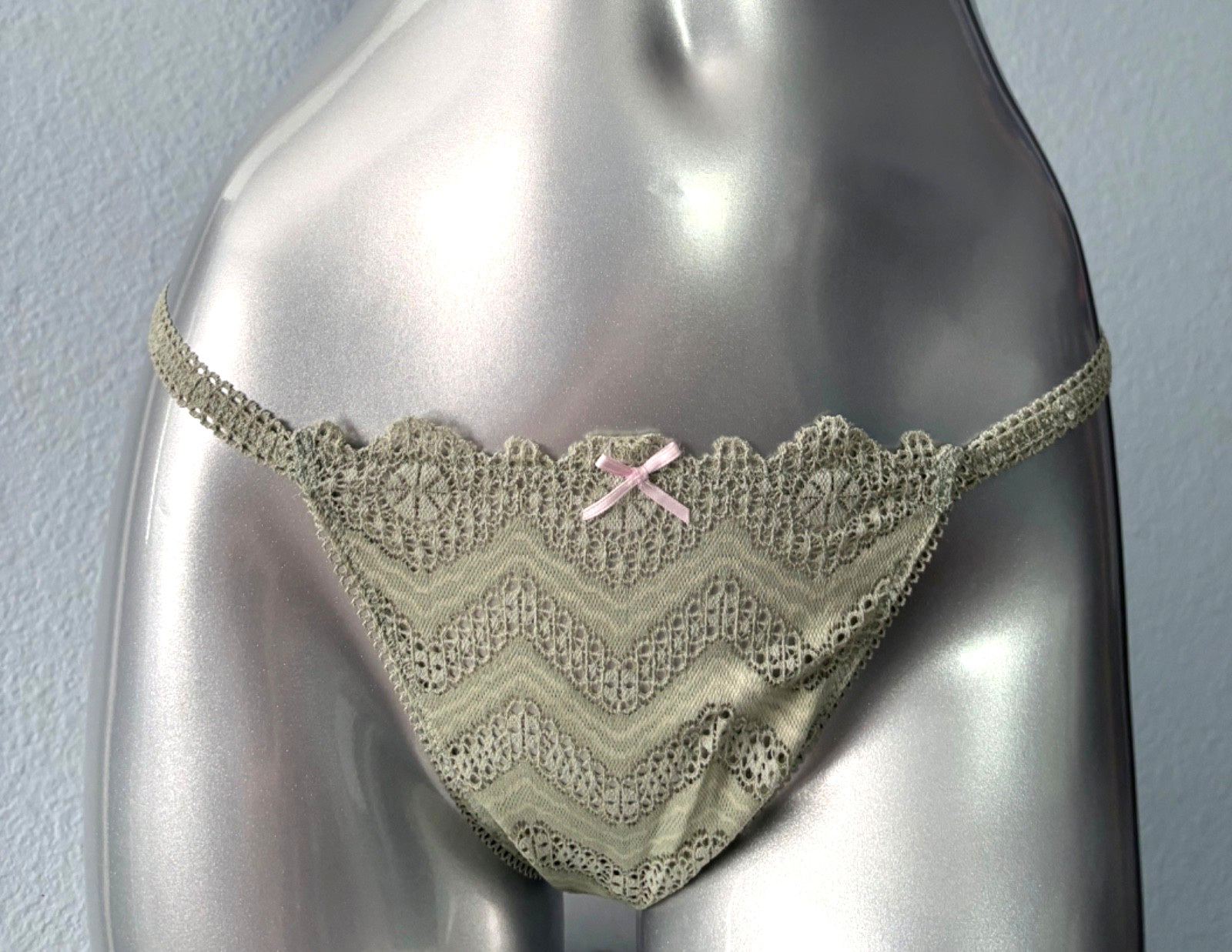 PINK Victoria’s Secret String Bikini Panty Crochet Lace Slate Green Nwt