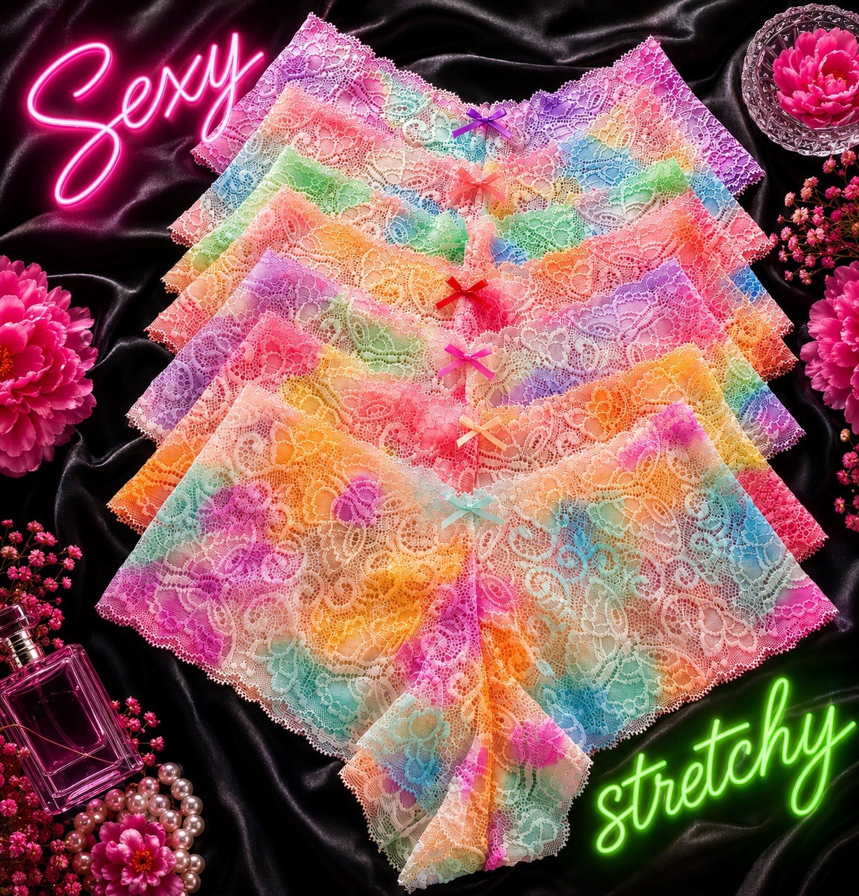 Women’s Gradient Butterfly Cheeky Panties Multicolor Lace Floral Bow 7pk Large