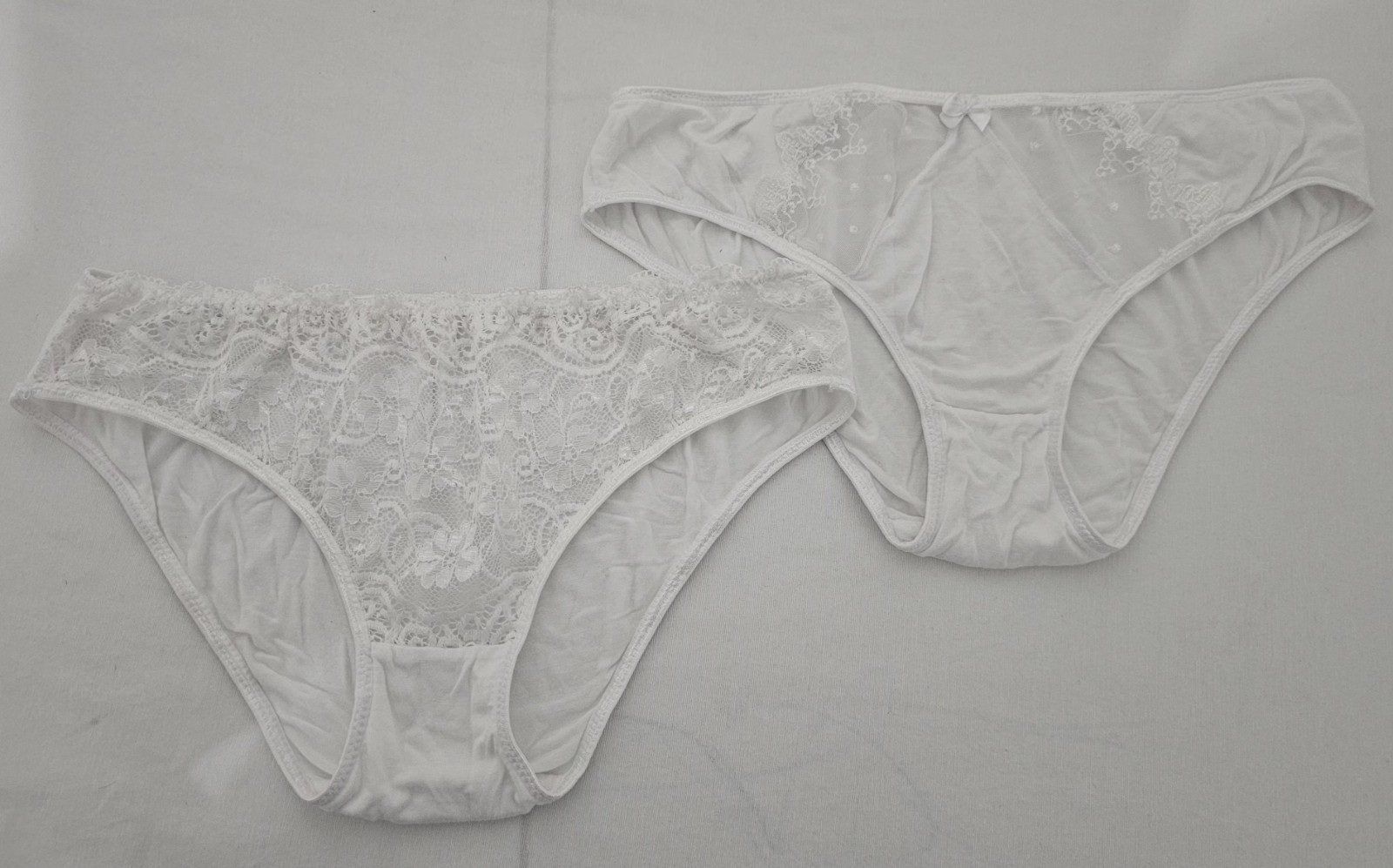 White Lace Mesh Floral Bikini Panties 2 Pack Mid Rise Stretch Bow Accent Women