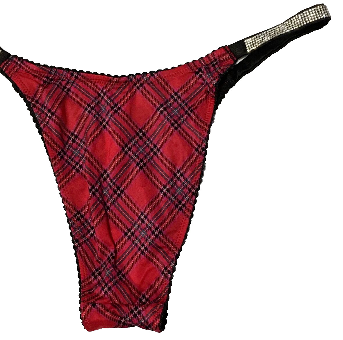 Victoria’s Secret Red Plaid Shine Strap Brazilian Panties M Rhinestones Sparkle
