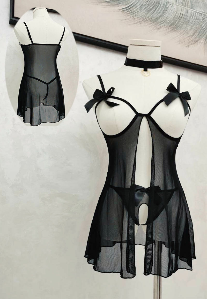 Sexy Women Cupless Mini Dress Bare Breast Babydoll Dress Briefs Party Nightwear