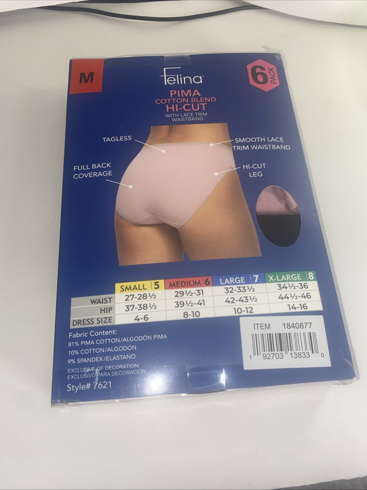 Felina Women’s 6-Pack Pima Cotton Hi-Cut with Lace Trim Panties, Multicolor, M