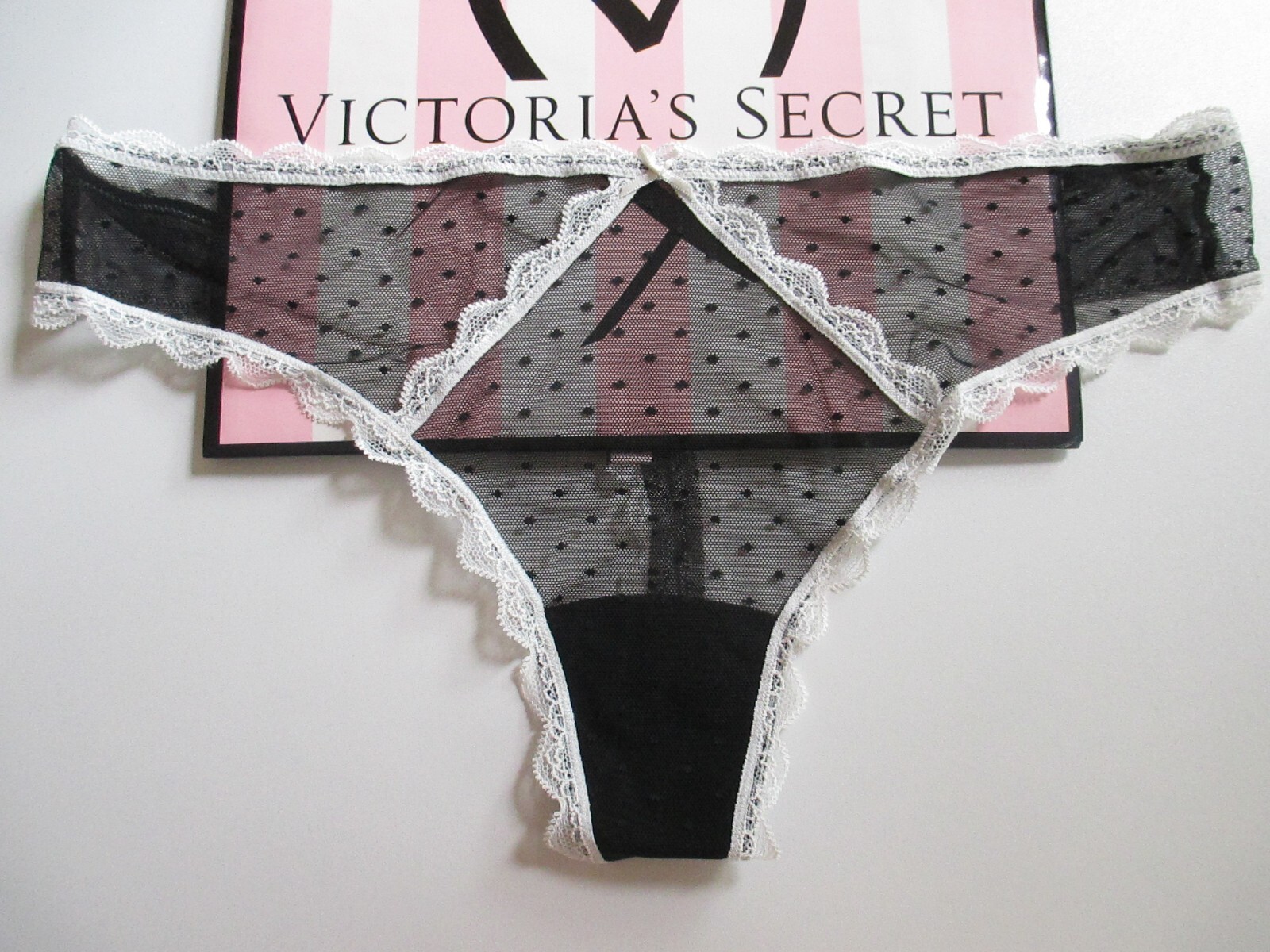 VICTORIA’S SECRET DREAM ANGELS Black And White Swiss Dot Mesh Thong Panty VS XL