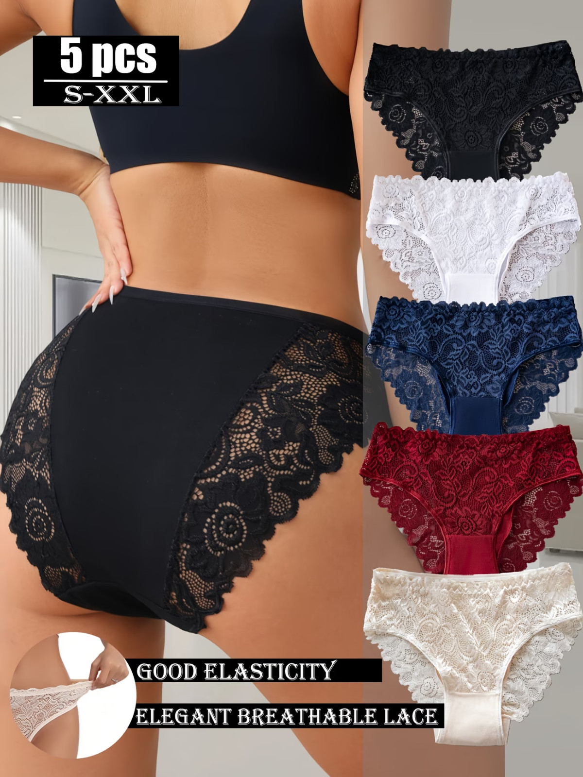 5pcs Set Women’s Elegant Lace Panties – Soft Briefs Solid Colors Mid-Rise Waist