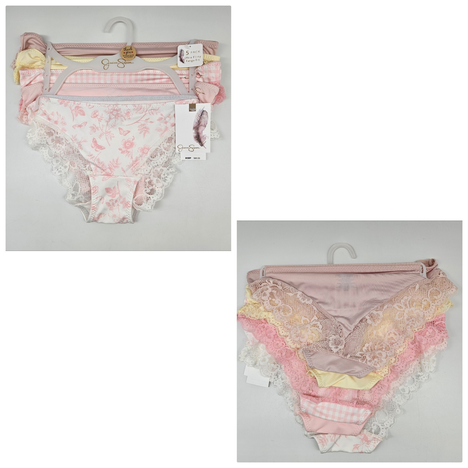 JESSICA SIMPSON 5 Pack Women’s S M L Lace Trim Tanga Panties Beige Yellow Pink