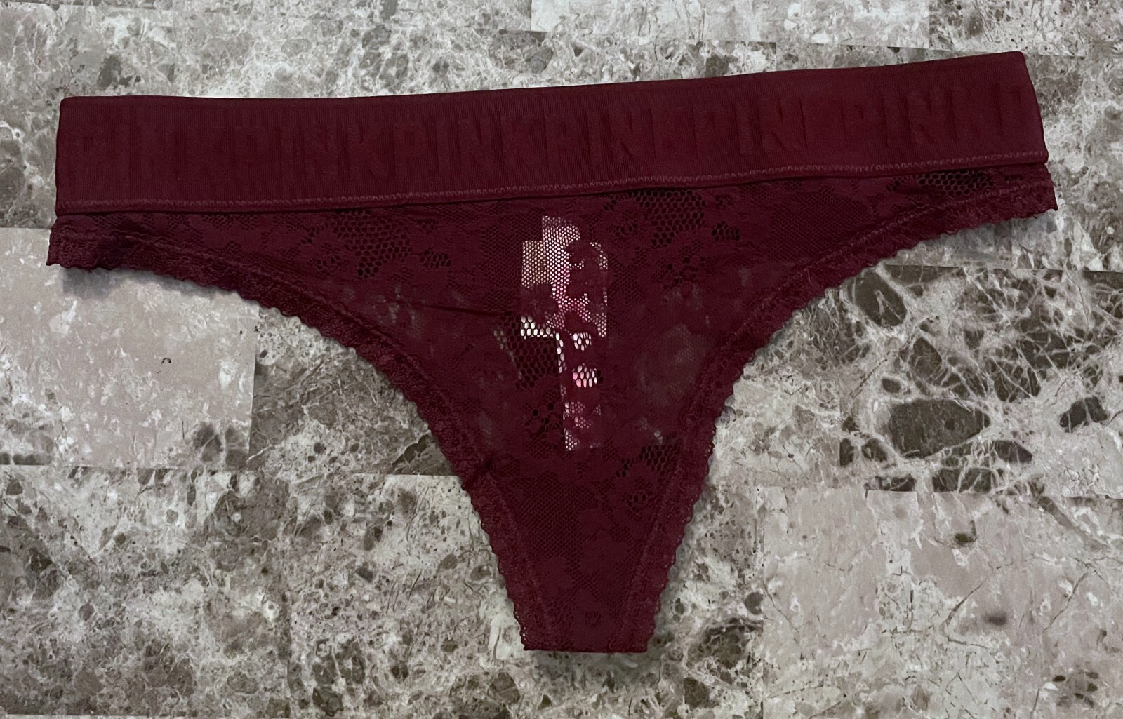 NWT NWD VICTORIA’S SECRET PINK SMALL MAROON LOGO WAISTBAND RARE THONG PANTIES