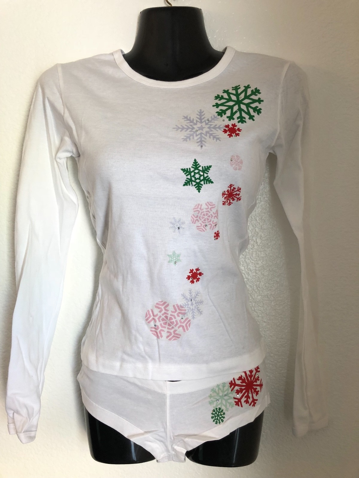 AMERICAN APPAREL CUSTOM PRINT LONG SLEEVE TOP & PANTIES SNOWFLAKES SZ S
