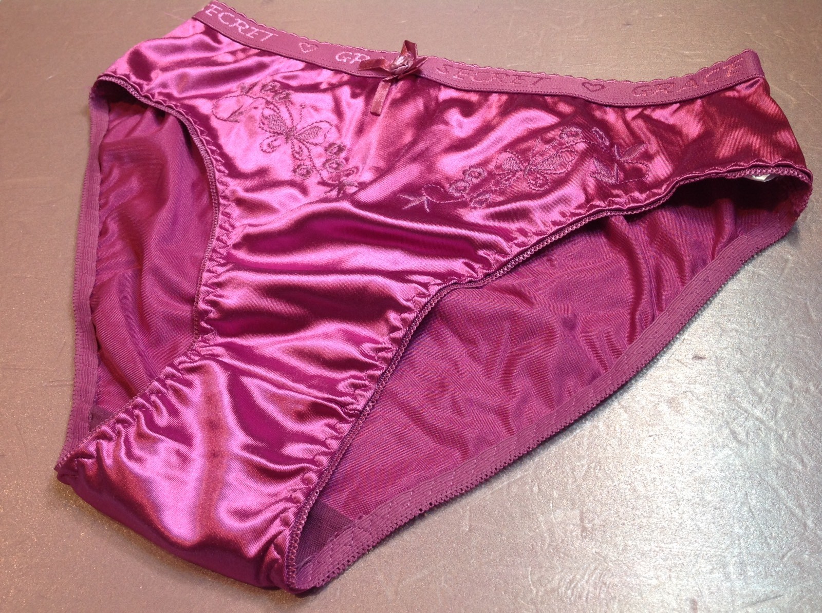 Women Panties Bikinis GRACE Size S. Violet Nylon Satin W/Decoration Elastic