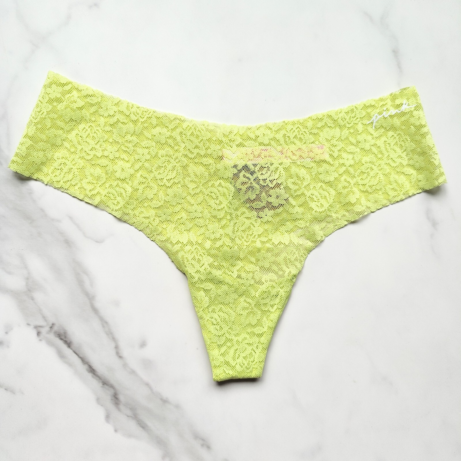 PINK Victoria’s Secret No-Show Soft Lace Thong Panty Green Spring Size S
