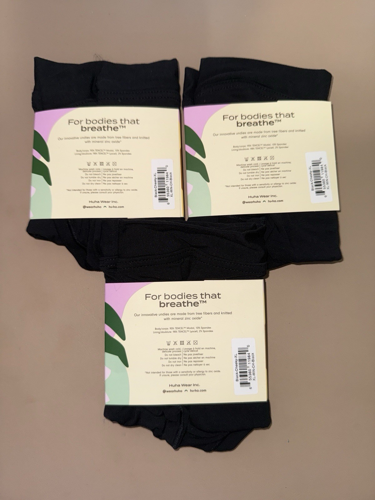 HUHA Women’s Mineral Undies ZINC OXIDE Soft Cheeky Panty Black NWT XL (Lot of 3)