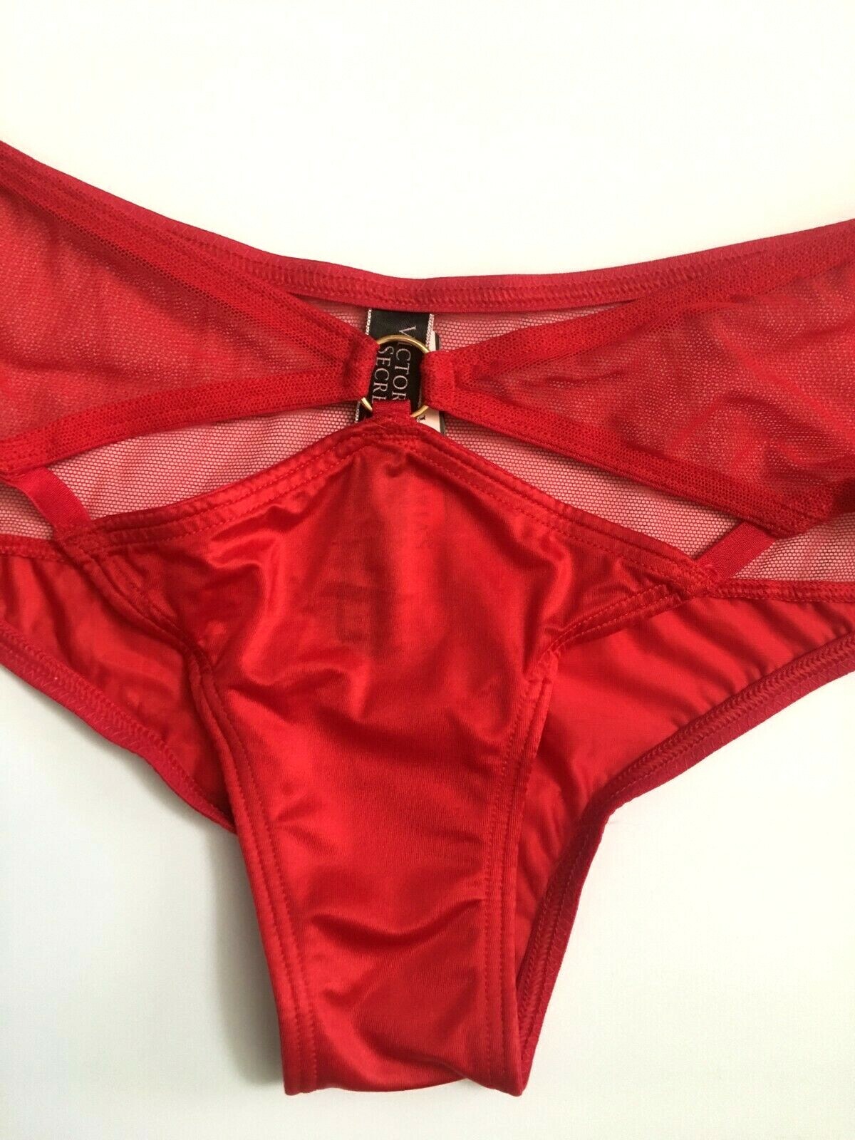 Victorias Secret Sexy Lipstick Red Cheeky Panties O-Ring Cut-Outs Size L Sheer