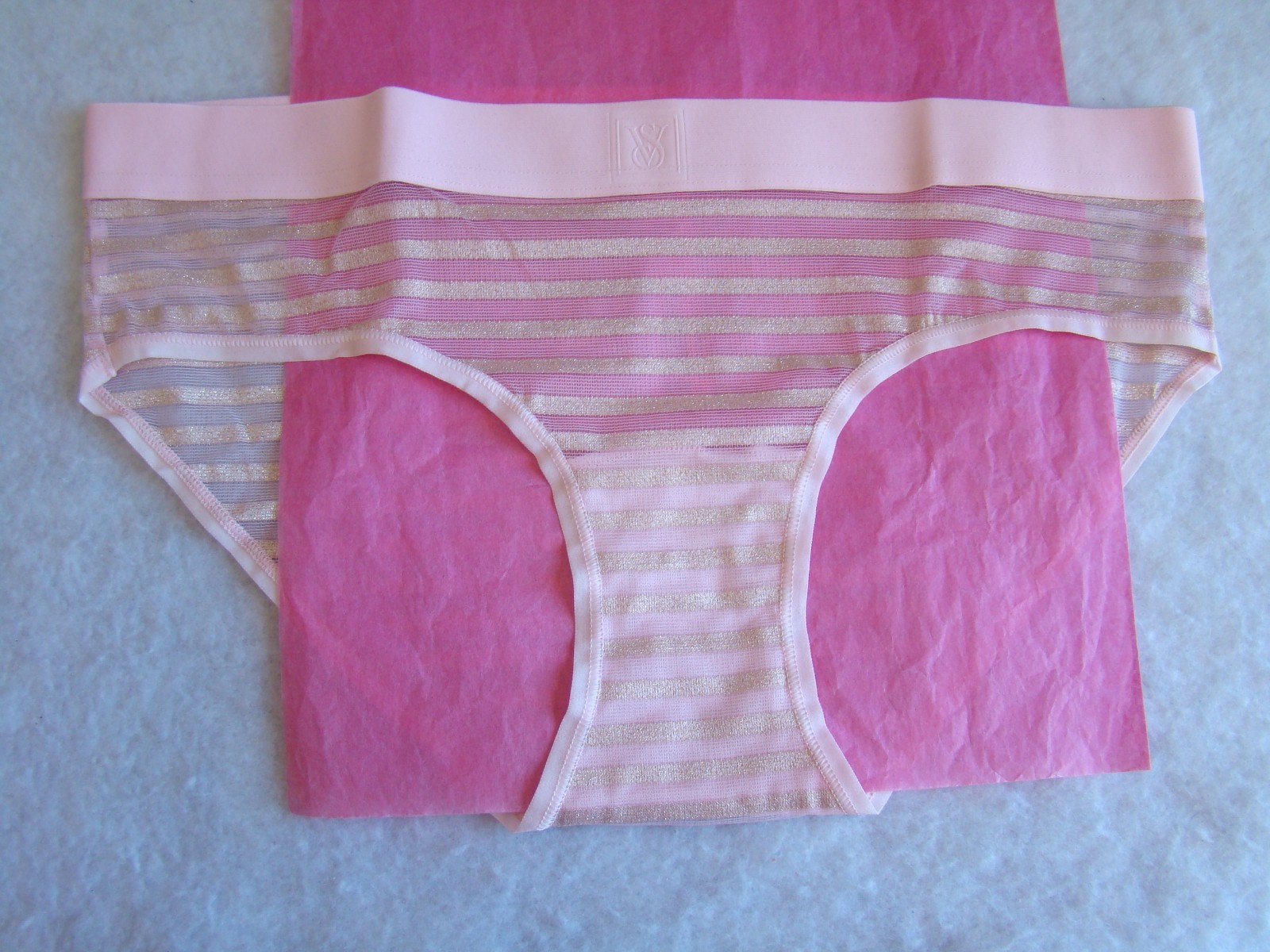 New Victoria’s Secret Pink Gold Strips Sheer Shimmer Hiphugger Hipster Panty