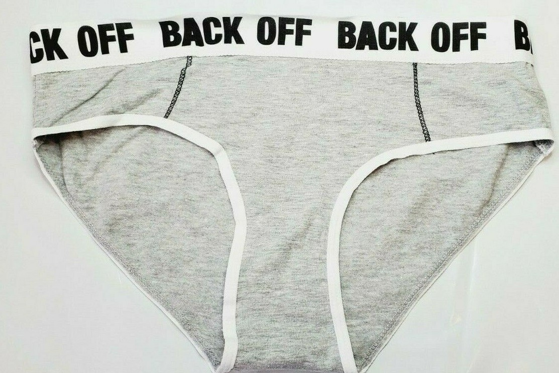 Rue 21 Women’s Cotton Bikini Panties MEDIUM Gray W White Trim BACK OFF New