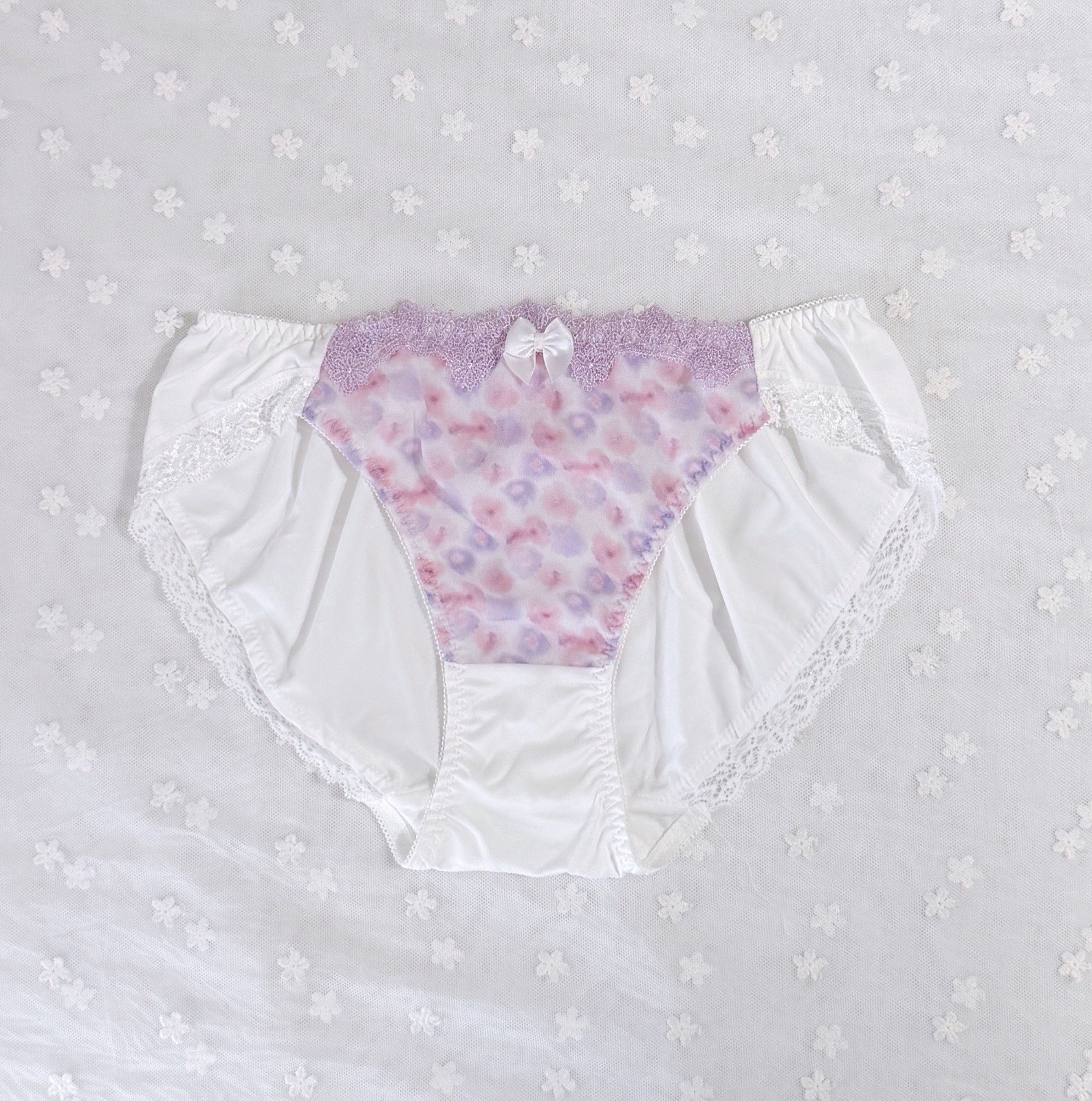 US-S/JP-L Japanese Cute Satin Bow Chiffon Trim Embroidery Nylon Panties