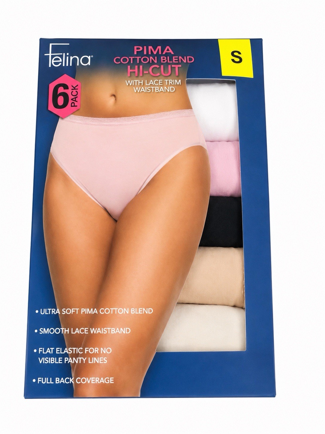 Felina Women’s Pima Cotton Blend Hi-Cut Panties 6-Pack Lace Trim Size S