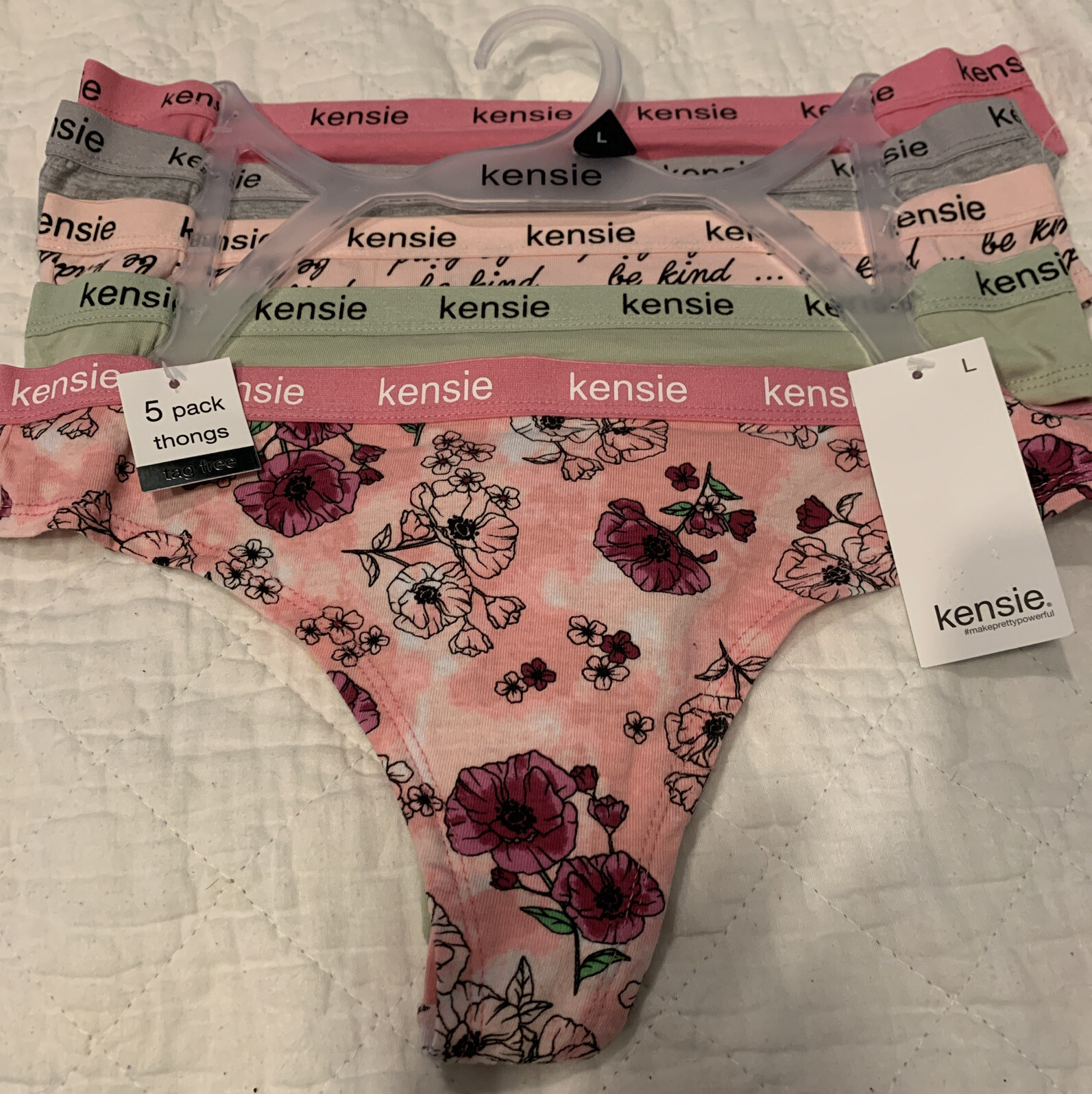 Kensie Lingerie Tag Free Thong Panties Underwear Pink Gray Peach Large 5 Pack