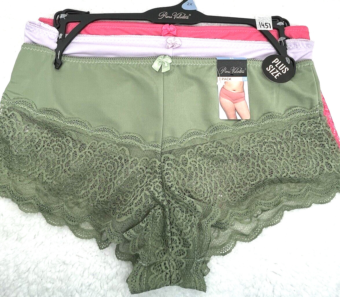 Prima Valentina Women’s Boyshort SZ 2XL 3-Pk Sexy Lace Panties Coral Olive Green