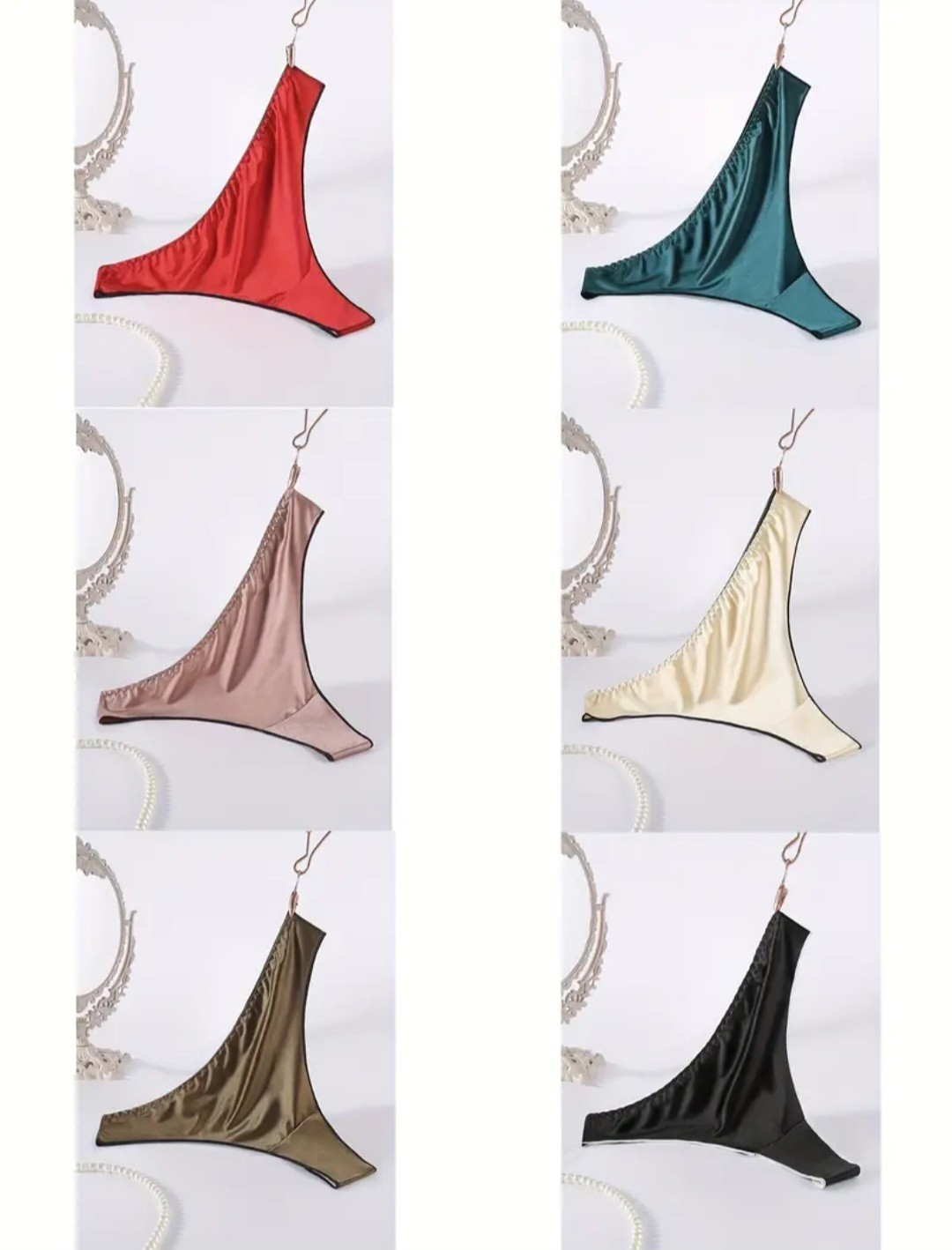 6 Pcs Satin Silky Thongs G String Women’s S M L XL Black Brown Red Pink Cream