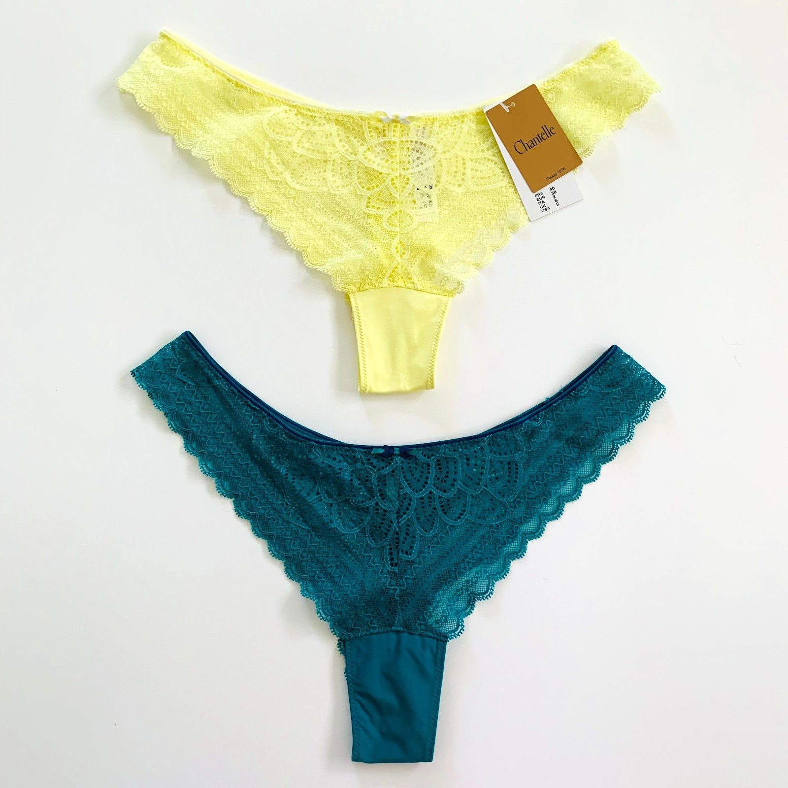 New Lot of 2 Chantelle Merci 1749 Tanga Thong Lace Panty NWT Yellow NWOT Green S