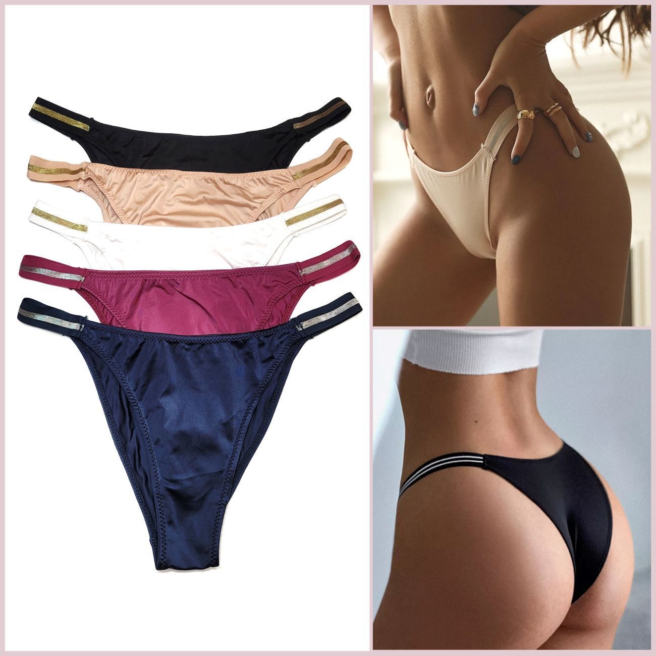 5pcs Lot Women High Cut Satin Panties Thong Brief Brazilian Underwear Lingeries
