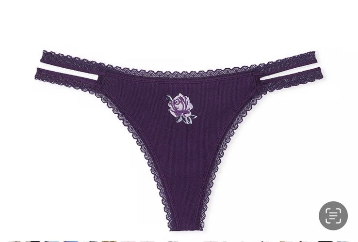 💕VICTORIA’S SECRET “PINK” Wink Lace Trim DOUBLE STRAP Thong Purple LARGE