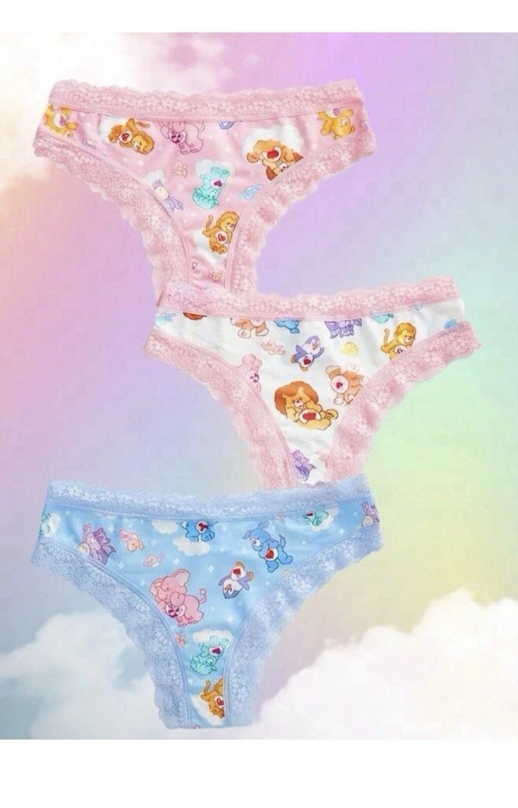 Women’s Bikini Panties 3-Pack Cartoon Print Lace Trim Stretch Multicolor S