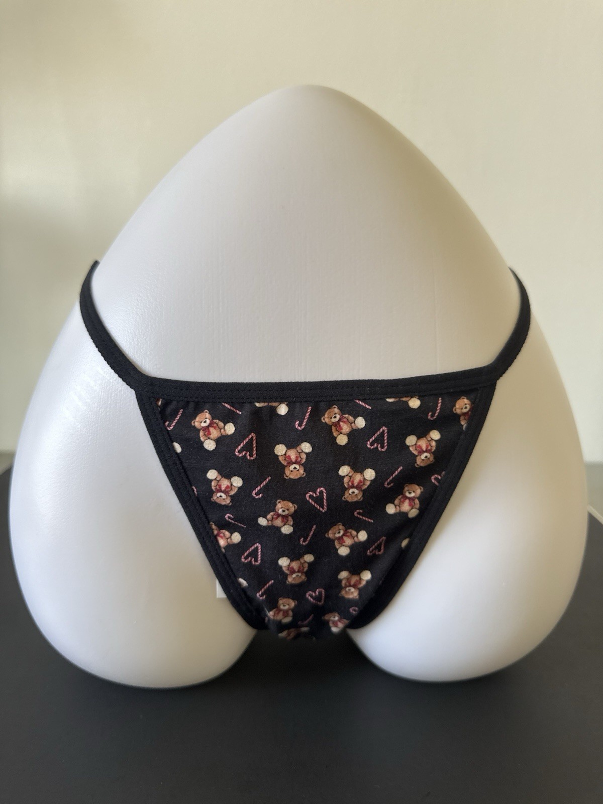 Black G String Holiday Candy Cane Hearts & Teddy Bear Christmas Panties Size M