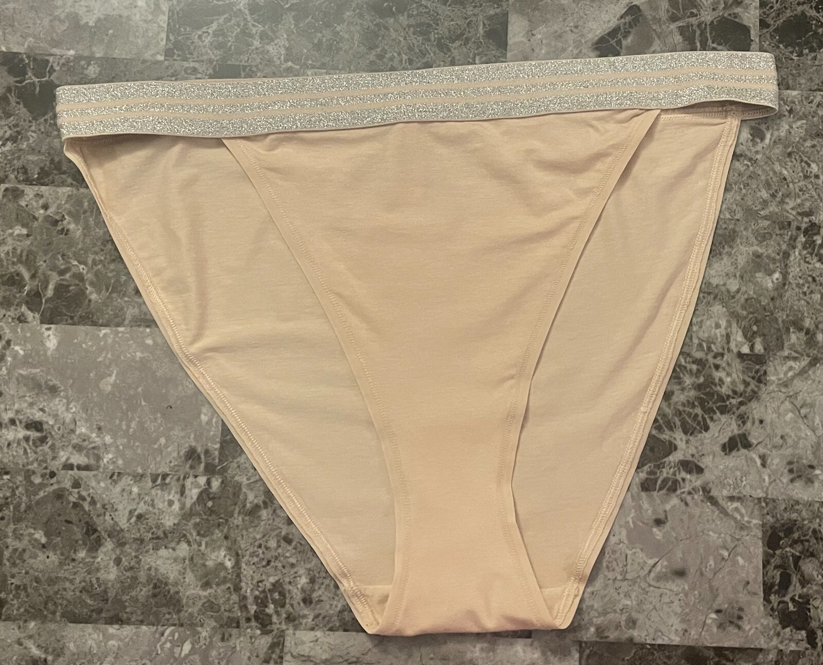 NWT VICTORIA’S SECRET XL NUDE SILVER THICK BAND RARE HIGH LEG BIKINI PANTIES