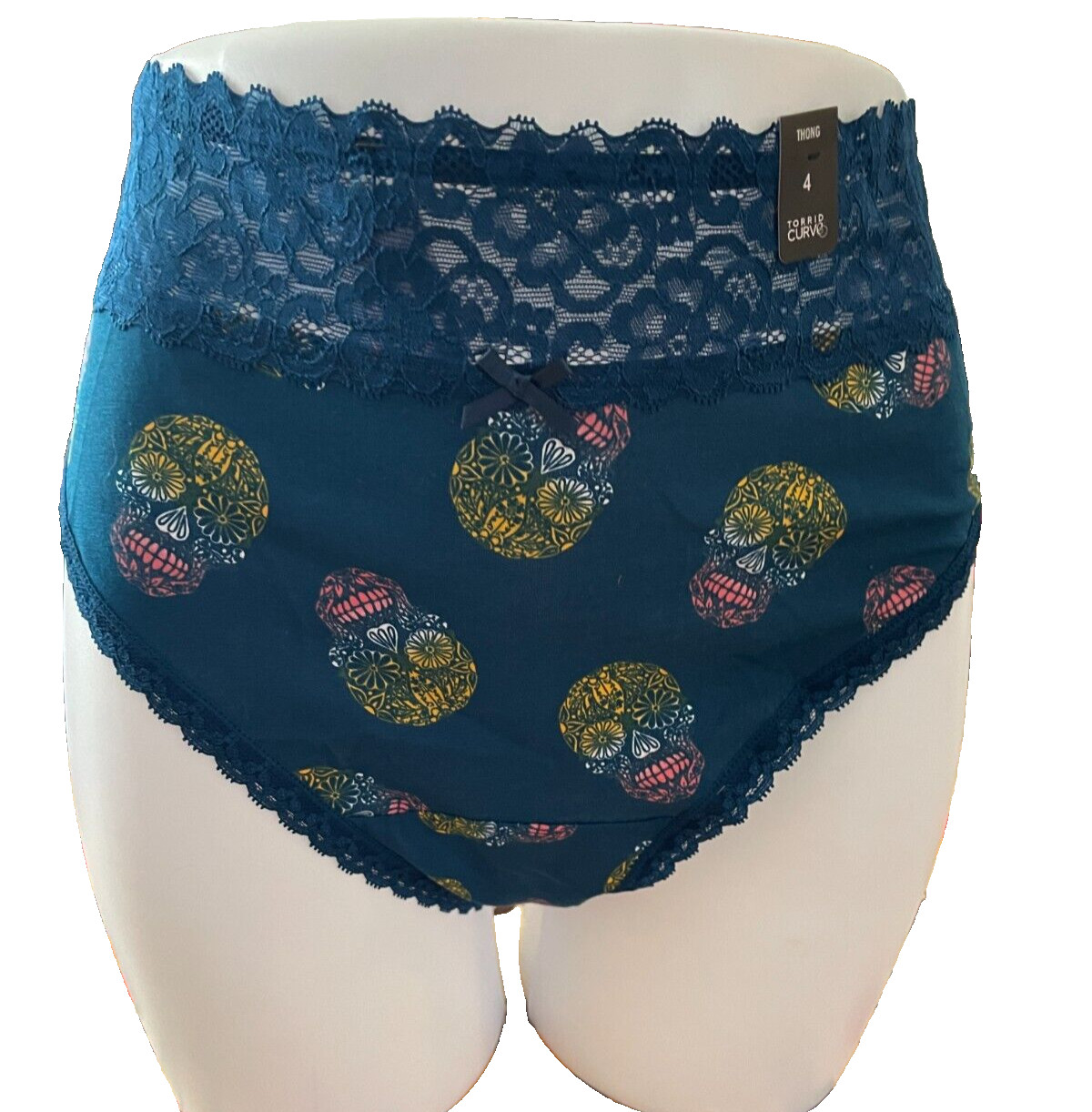 Torrid Plus 5 Teal Blue Calaveras Skull Print Wide Lace Waistband Thong Panties