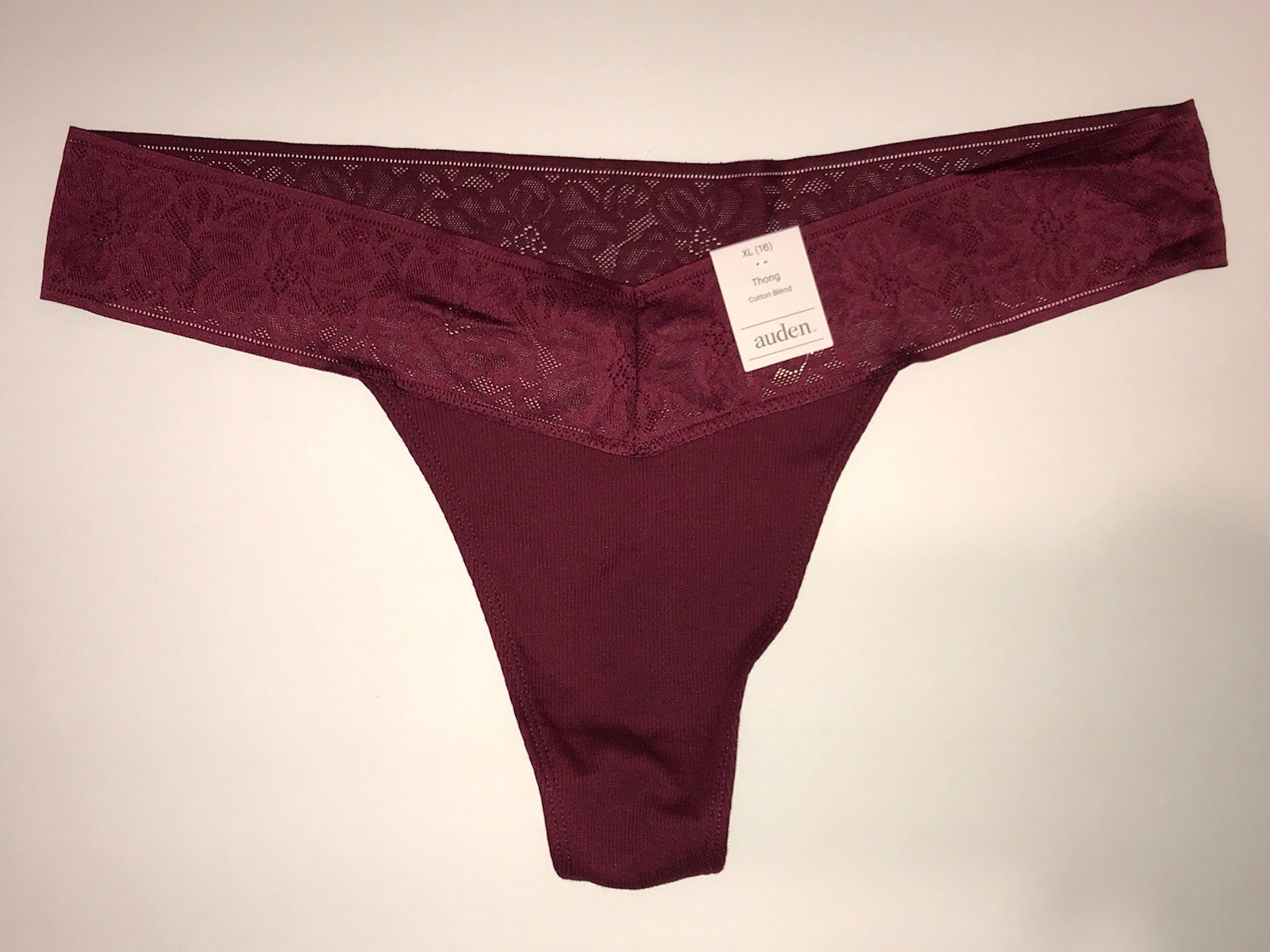 Set of 6 AUDEN Cotton Blend Ribbed Thongs XL 16, Burgundy Wine Lace