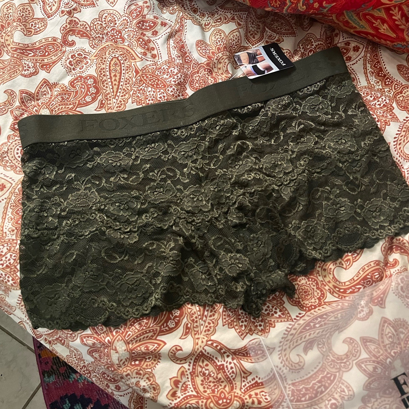 Foxers Women’s Lace boxer Briefs shorts Panty XL Sheer Dark Olive Green Rare New