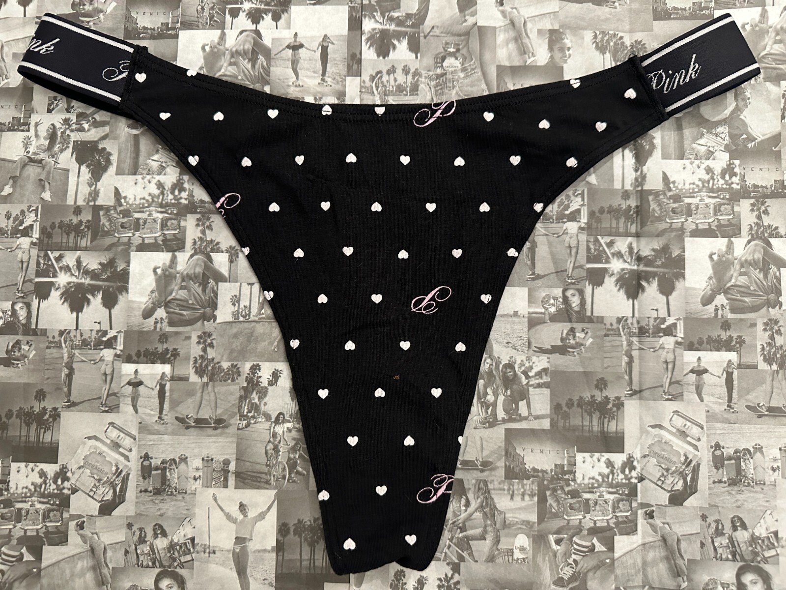 Victoria’s Secret PINK Elastic Logo cotton High Leg Thong Panty Black Heart S