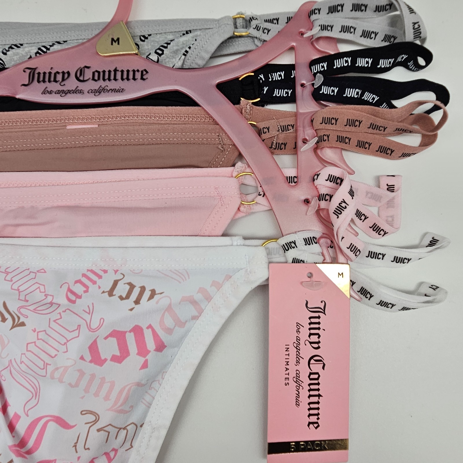 JUICY COUTURE 5 Pack Women M L XL Logo Thong Panties Gray Black Beige Pink White