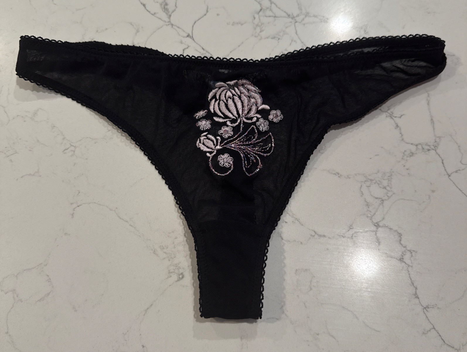 H & M Black Embroidery Floral Thong Panties Size M