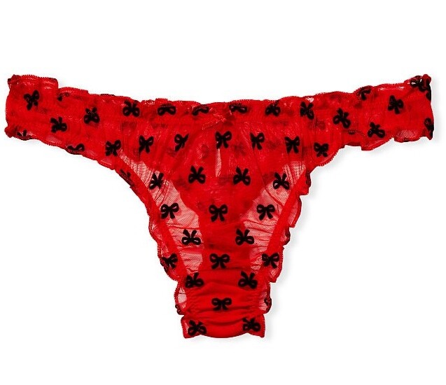 NWT Victorias Secret Dream Angels Ruffle Mesh Thong Panty Red with Black Bows S