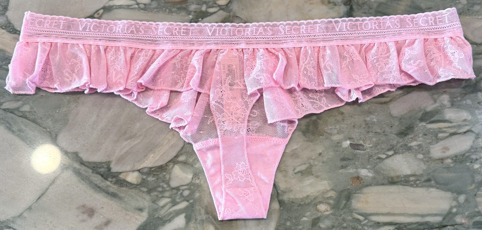 NEW Victoria Secret Logo Waistband Sheer Floral Lace Ruffle Thong Pink Flora XL