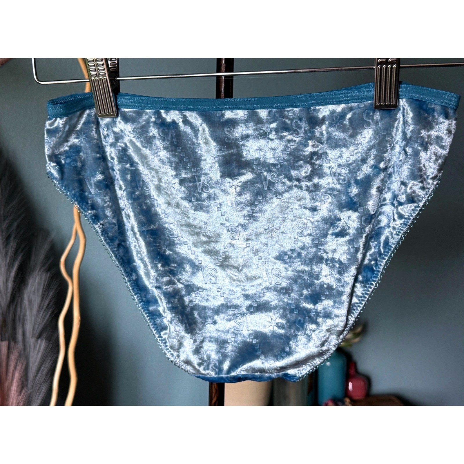 Victorias Secret Light Blue Crushed Velvet VS Logo Snowflake Bikini Panties M