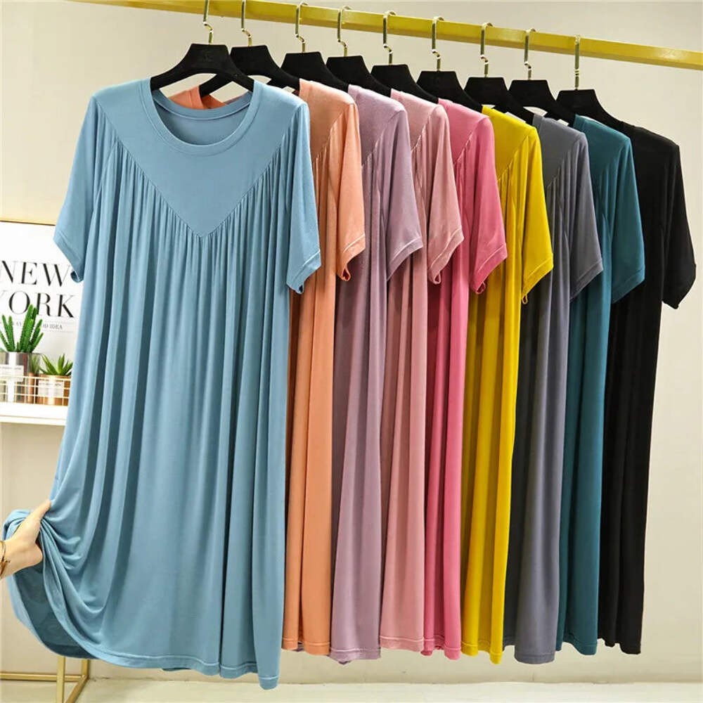 Loose plus Size Sp Dr Modal Women’s Summer Thin Home Gown Skirt Sle round Ne ort