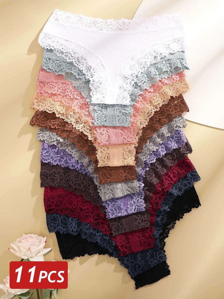 Cotton Panties Lace Low Rise Bikini Breathable Women’s Underwear 11 Pcs