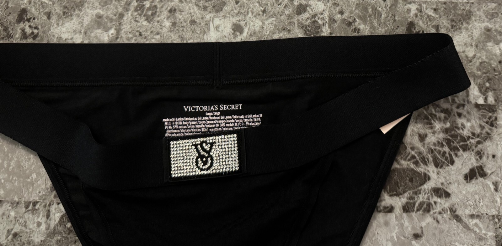 NWT VICTORIA’S SECRET BLACK BLING RHINESTONE THICK BAND CHEEKY TANGA PANTIES