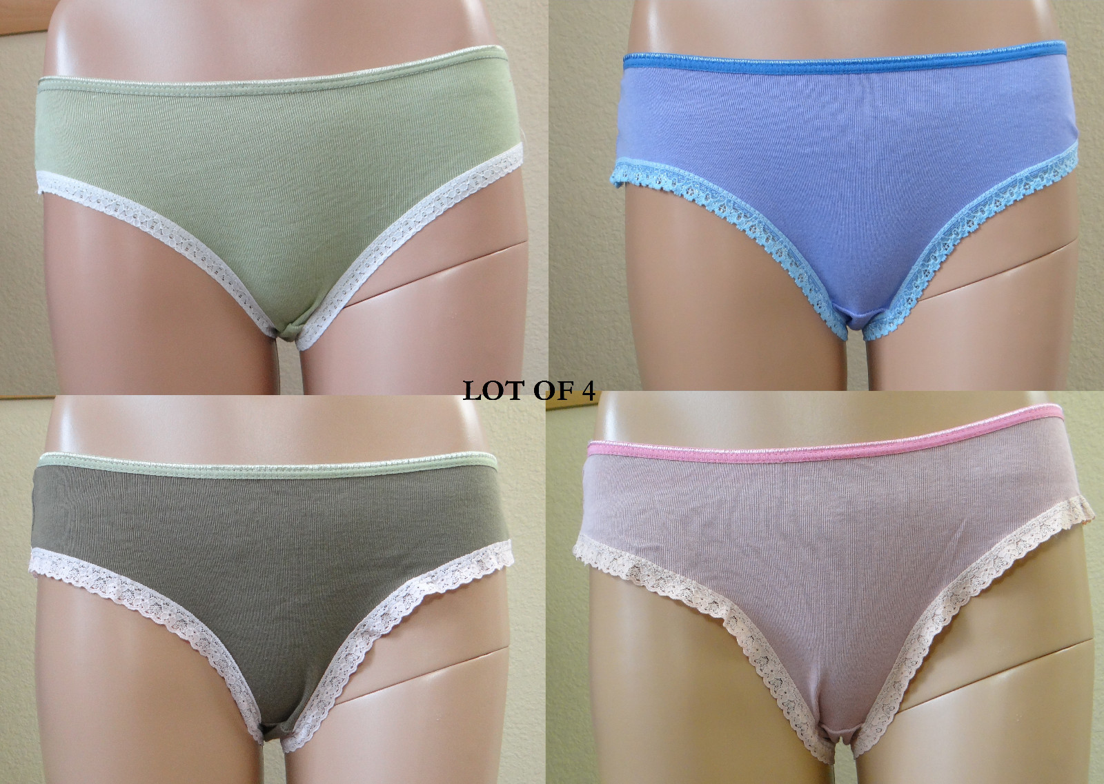 LOT OF 4 green 2/purple & mauve polyester/cotton lace trim bikini panty,size S-5