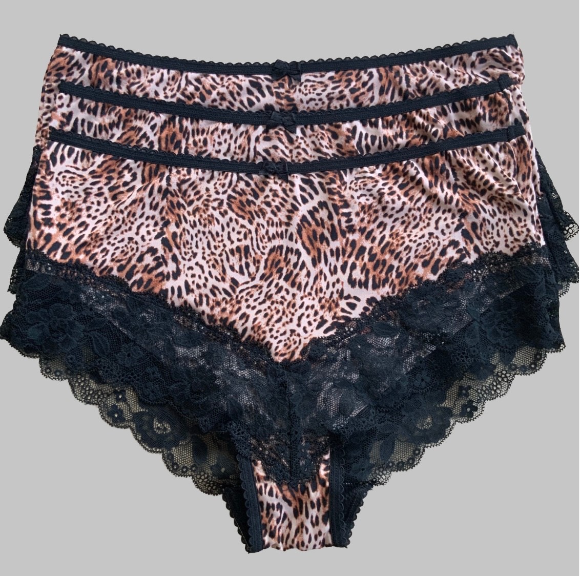 M&S 3 Pack Black Animal Print Lace Trim Brazilian Midi Brief UK 8