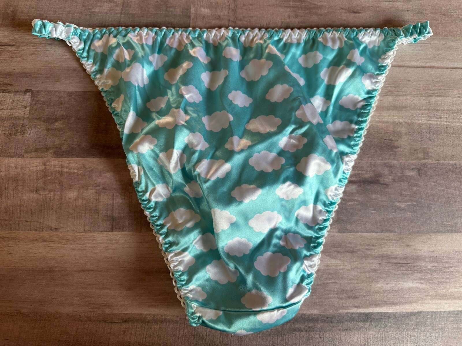 NWOT Sz L Handmade Shiny Blue Cloud Silky Satin String Bikini Panties
