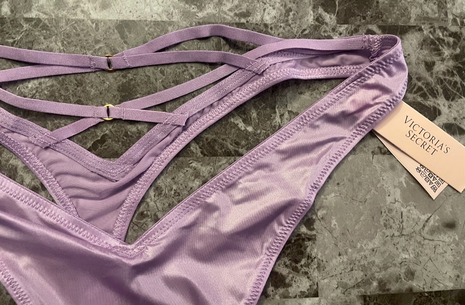 NWT VICTORIA’S SECRET LAVENDER SATIN SMOOTH STRAPPY BACK HIGH LEG THONG PANTIES