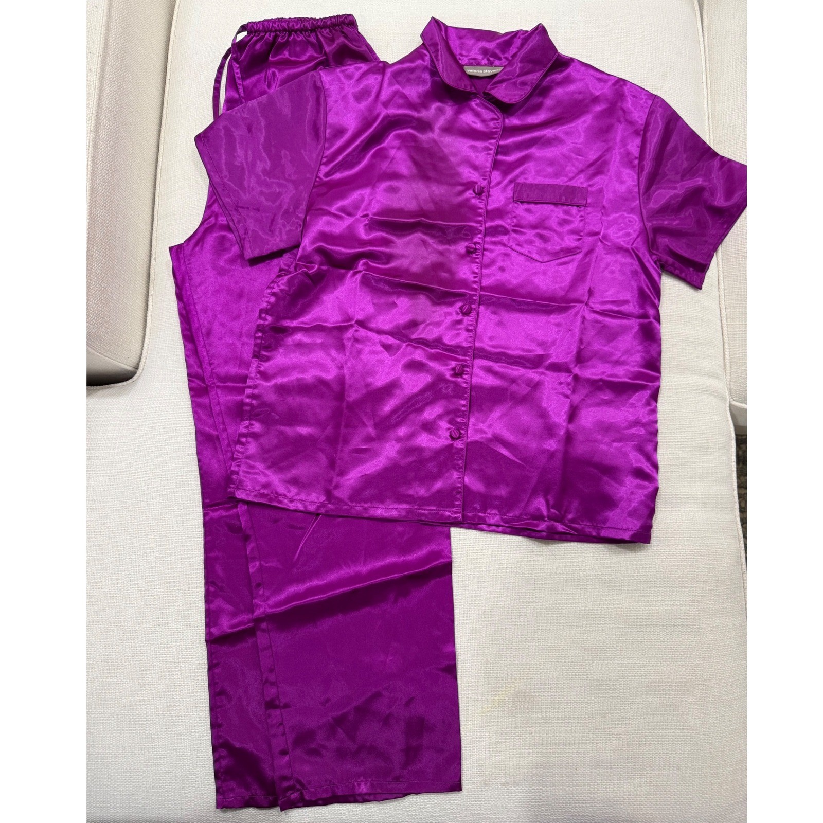 Valerie Stevens Pajama Set Womens Medium Purple Satin Short Sleeve Pants