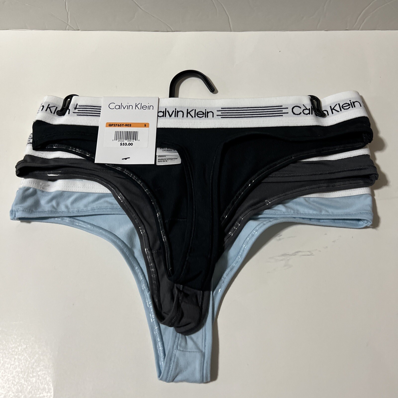 3 New Calvin Klein Mid RiseTHONG Panties Cotton Blend 3pk Black Gray Blue. New