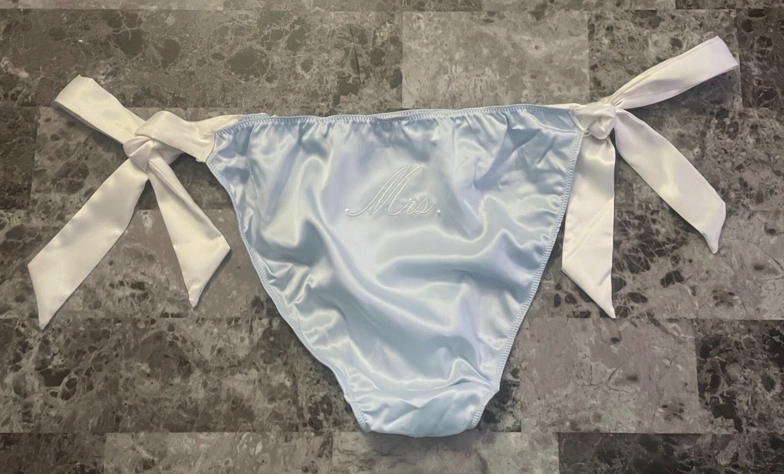 NWT VICTORIA’S SECRET MRS. BRIDAL BLUE SATIN SMOOTH SIDE TIE CHEEKY PANTIES