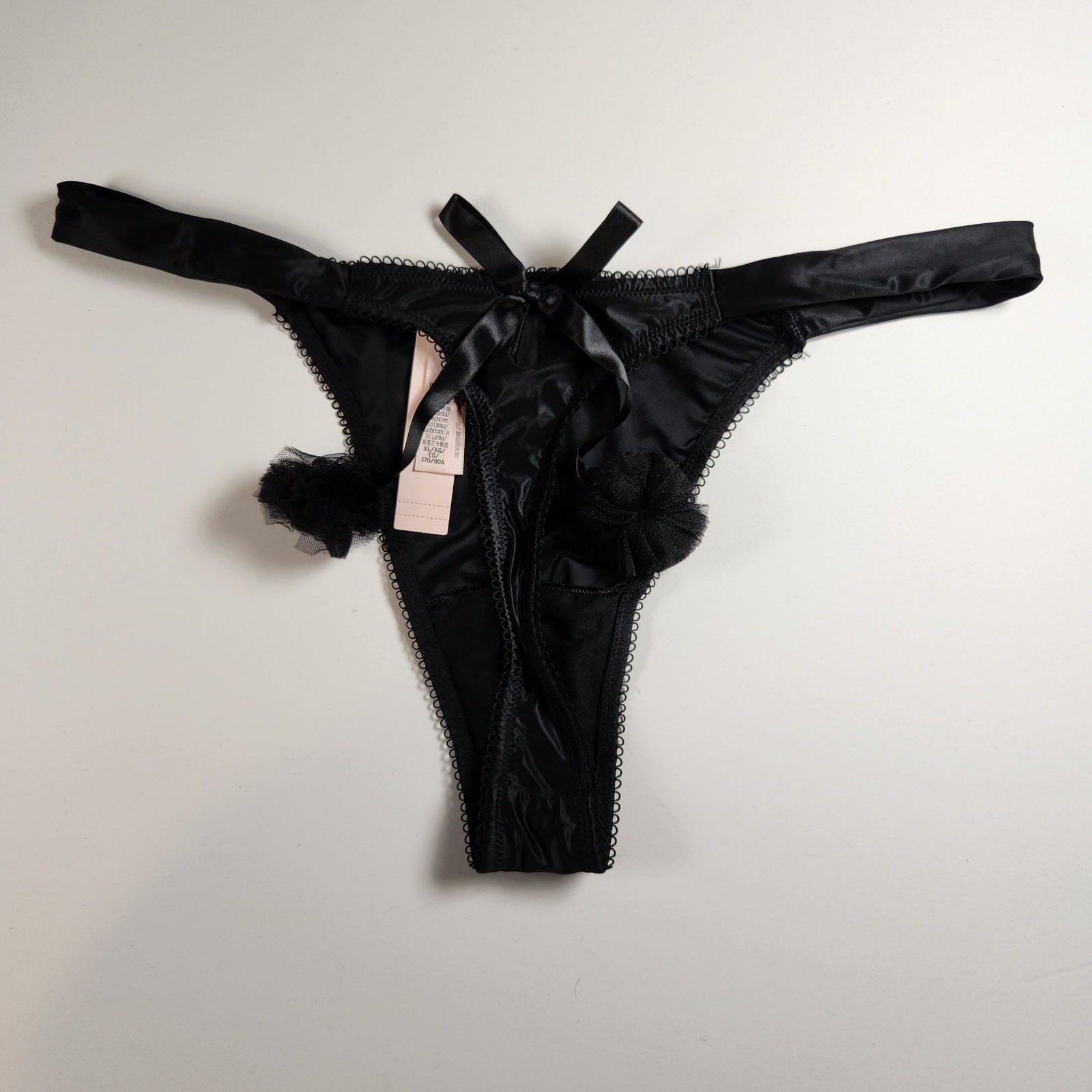 Victoria’s Secret Very Sexy Black Satin Fun Novelty Pom Pom Thong Panty – XL