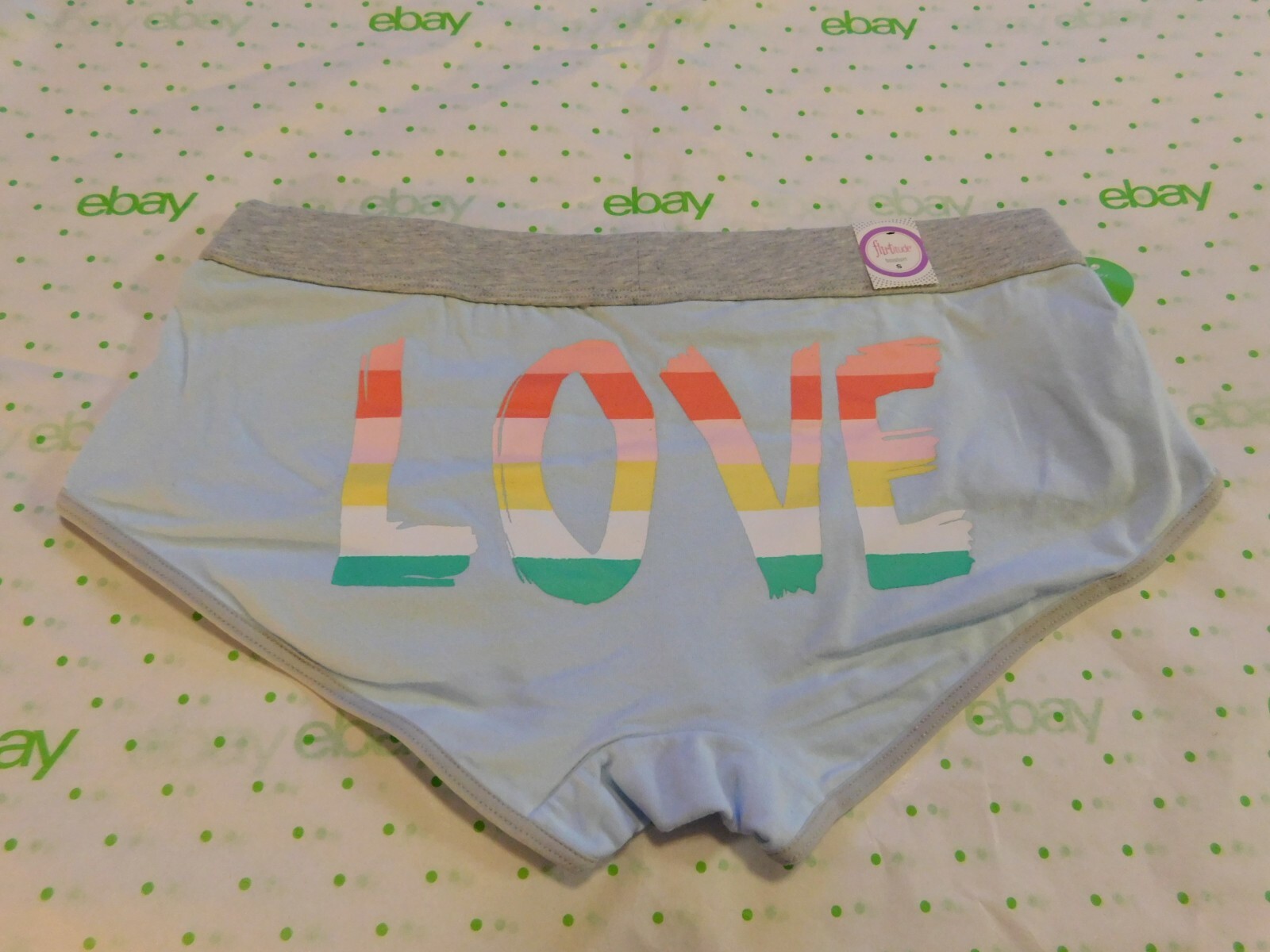 Flirtitude Women’s Boyshort Panties SMALL Cotton Blue Rainbow LOVE NEW